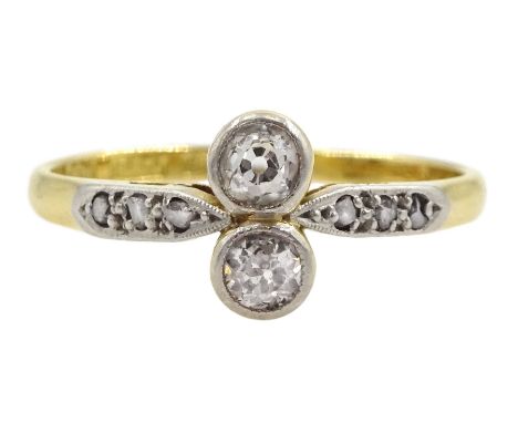 Early 20th century gold two stone old cut diamond ring, with diamond set shoulders, stamped 18ct Plat, total diamond weight a