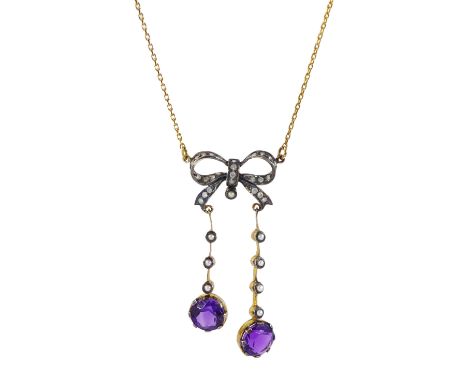 Gold and silver-gilt amethyst, diamond and seed pearl bow pendant necklaceCondition Report:Approx 3.7gm, max chain length = 4