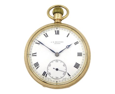 Early 20th century 9ct gold open face keyless lever pocket watch by J. W. Benson, London, white enamel dial with Roman numera