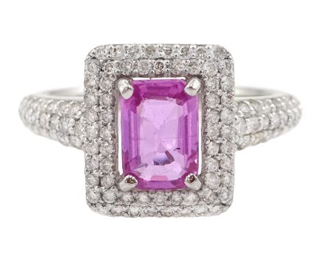 18ct white gold pink sapphire and diamond cluster ring, with diamond set shoulders, stamped sapphire approx 0.85, total diamo