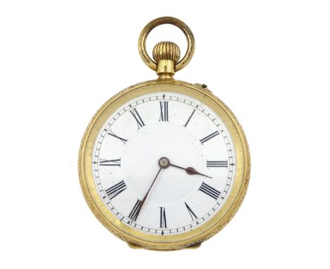 Early 20th century 18ct gold open face keyless cylinder fob watch, white enamel dial with Roman numerals, back case with engr