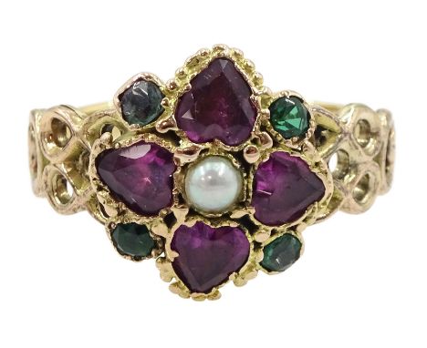 Victorian gold heart cut garnet, pearl and green stone set quatrefoil ring, with pierced design shoulders, in Collingwood &am
