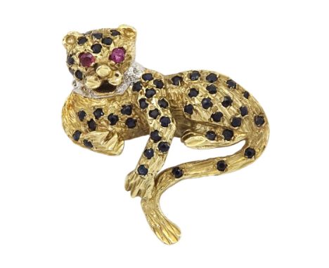 9ct gold sapphire cheetah brooch, with ruby eyes and a diamond set collar, Birmingham 1989Condition Report:Approx 11.35gm, ba