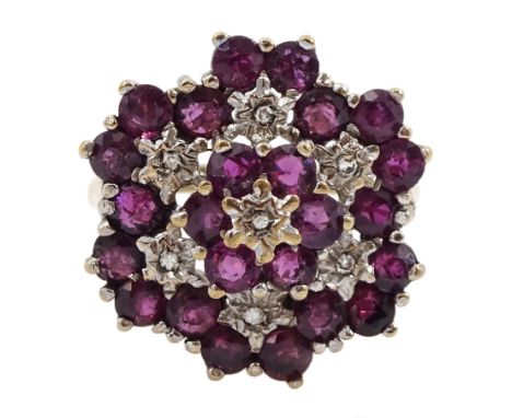 9ct ruby and diamond  flower cluster ring, Birmingham 1980Condition Report:Approx 4.7gm, size Q, head = 20mm