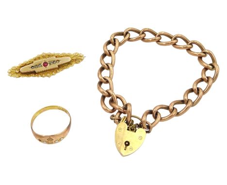 Rose gold curb link bracelet, with yellow gold heart clasp, gold stone set brooch, both 9ct and a gold split pearl ringCondit