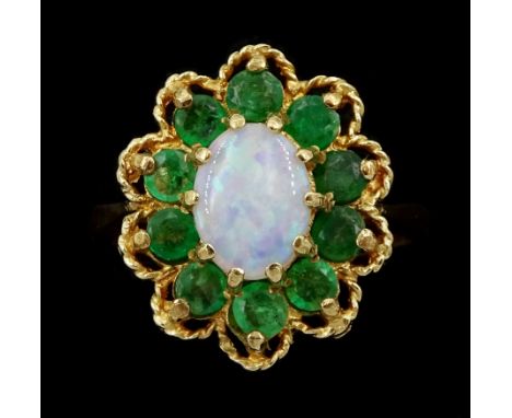 9ct gold opal and emerald cluster ring, Edinburgh 1977Condition Report:Approx 3.9gm, size N-O, head = 17.5mm x 14.5mm