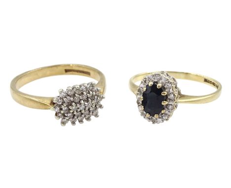 Gold diamond cluster ring and a gold sapphire and diamond cluster ring, both hallmarked 9ctCondition Report:Approx 3.8gm, siz