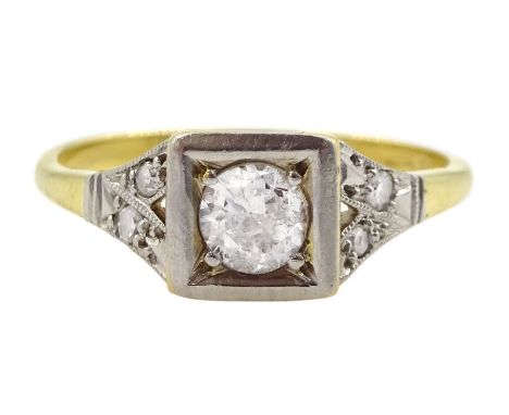 Early-mid 20th century 18ct gold single stone old cut diamond ring, with milgrain set diamond shoulders, stamped, principle d