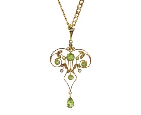  Edwardian gold peridot and seed pearl pendant, stamped 15ct, on later 9ct gold flattened curb link chain necklaceCondition R