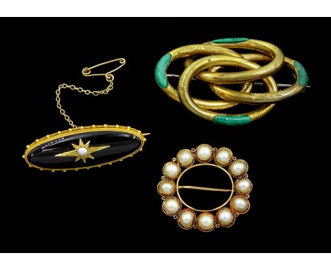 Edwardian gold black onyx brooch, with applied gold pearl set star, the glazed back with hairwork and engraved 'JB March 10th