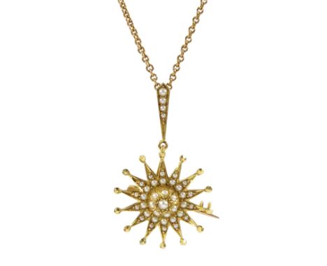 Edwardian 15ct gold seed pearl pendant/brooch, on 9ct gold chain necklaceCondition Report:Pendant approx 2.55gm, length = 3.5