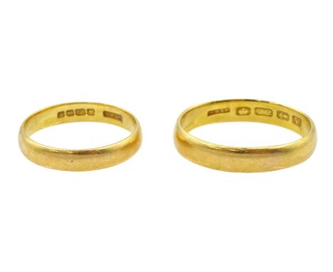 Two 22ct gold wedding bands, both hallmarkedCondition Report:Approx 7.25gmsmaller ring size K-L, other size P-Q depth = 4mm, 