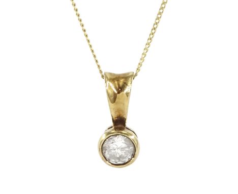 9ct gold bezel set single stone round brilliant cut diamond pendant, hallmarked, on 9ct gold chain necklace, diamond approx 0