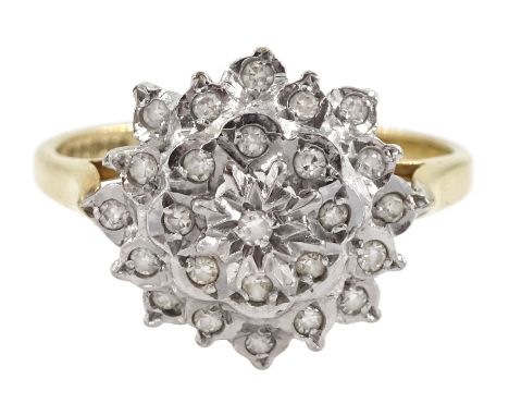 9ct gold diamond cluster ring, Birmingham 1981Condition Report:Approx 2.9gm, size P-Q, head diameter = 13.3mm, good condition