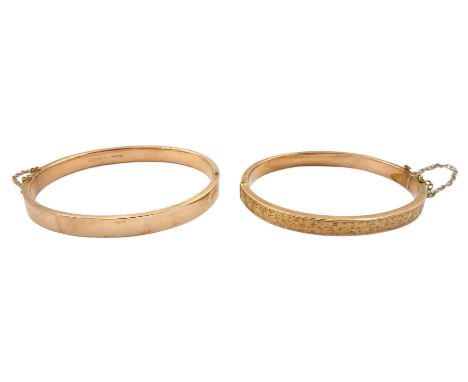 Victorian rose gold bangle with engraved foliate decoration, Birmingham 1895 and one other later rose gold bangle, Birmingham