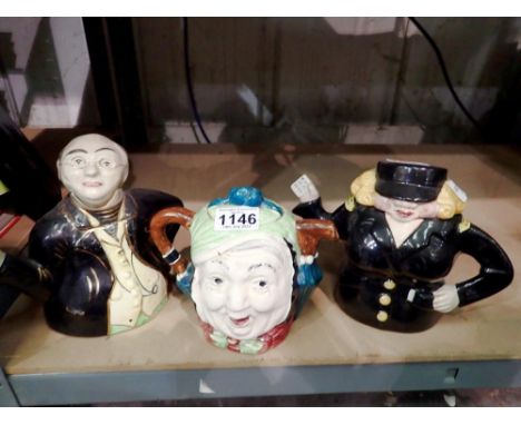 Carltonware traffic warden teapot and two Lingard Dickens examples. Not available for in-house P&amp;P 