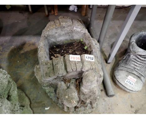 Reconstituted stone planter with rabbits, H: 22 cm. Not available for in-house P&amp;P 