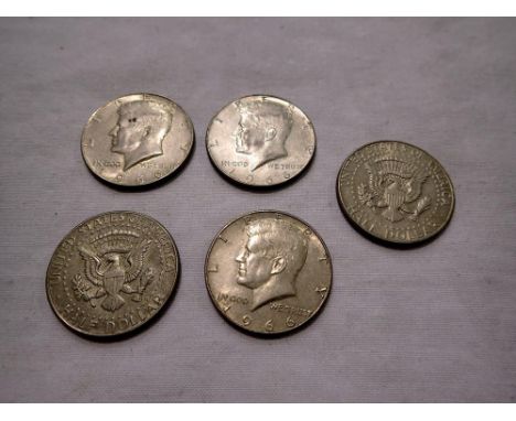 Five 1966 Kennedy silver half Dollars. P&amp;P Group 1 (£14+VAT for the first lot and £1+VAT for subsequent lots) 