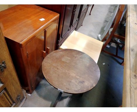 Mahogany table with turned stem on tripod base a smaller table on hairpin legs and a cabinet. Not available for in-house P&am