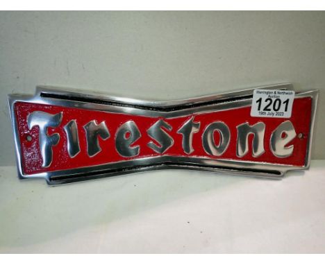 Aluminium Firestone Tyres plaque, L: 23 cm. P&amp;P Group 1 (£14+VAT for the first lot and £1+VAT for subsequent lots) 
