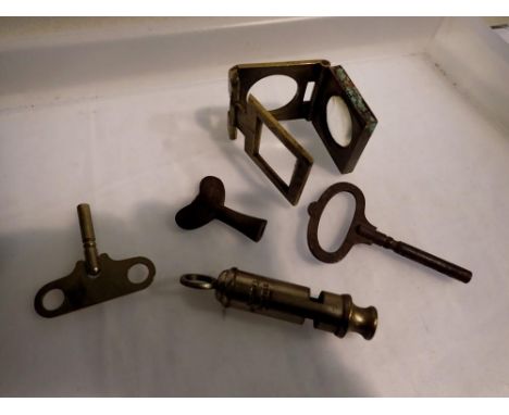 Acme City whistle, mixed keys and a brass magnifier. P&amp;P Group 1 (£14+VAT for the first lot and £1+VAT for subsequent lot
