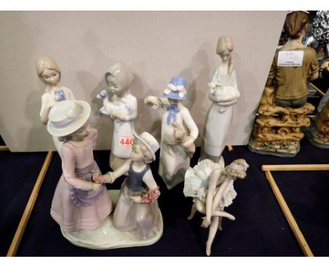 Six Spanish porcelain figurines to include Lladro and Nao. Not available for in-house P&amp;P 