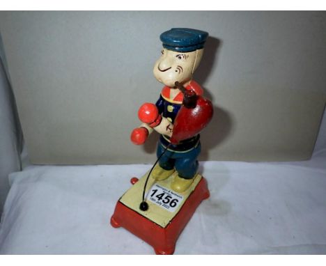 Cast iron automaton boxing popeye figurine, H: 20 cm. P&amp;P Group 1 (£14+VAT for the first lot and £1+VAT for subsequent lo