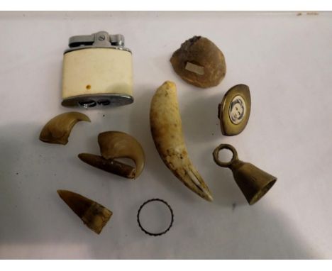 Mixed collectibles including a small agate geode and Lions claws. P&amp;P Group 1 (£14+VAT for the first lot and £1+VAT for s