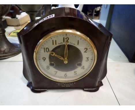 Smith Enfield Bakelite chiming mantle clock as a presentation for London I.S.B.A. Royal Albert Hall, May 1954, no key or pend