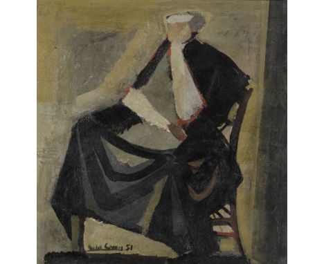 Green, KuloSkara, 1913 - Paris, 197241 x 38 cm, R.Sitzende Frau, 1951. Öl auf Karton. In Öl unten links signiert und datiert.