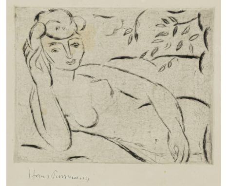 Purrmann, HansSpeyer, 1880 - Basel, 196619 x 24 cm, R."Liegende", 1956/1957. Radierung auf Bütten. In Kugelschreiber unten li
