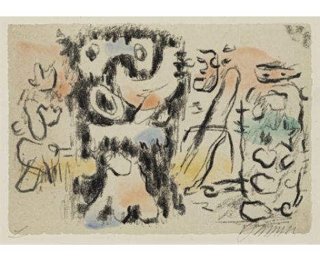 Baumeister, WilliStuttgart, 1889 - 195513,6 x 19,5 cm, R."Ohne Titel (Urzeitgestalten)", 1947. Aquarelliert Lithografie auf f