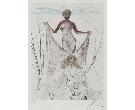 Dalí, SalvadorFigueras, 1904 - Cadaques, 1989Blattgröße: 38 x 28 cm, R."Femme tenant le voile", 1969. Aquarellierte Radierung
