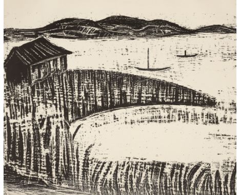 Gothein, WernerKarlsruhe, 1890 - Unteruhldingen 1968Blattgröße: 57 x 65 cm, o. R.Bodenseelandschaft, 1940. Linolschnitt auf P
