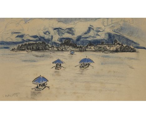 Hacke, IdaAurich, 1875 - ?22 x 38 cm, R.Prozession auf dem Chiemsee. Pastell auf Papier. In Pastell unten links signiert.Priv