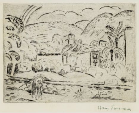 Purrmann, HansSpeyer, 1880 - Basel, 196617,6 x 23,5 cm, R."Südländische Landschaft Porto d' Ischia", 1956. Radierung auf Bütt