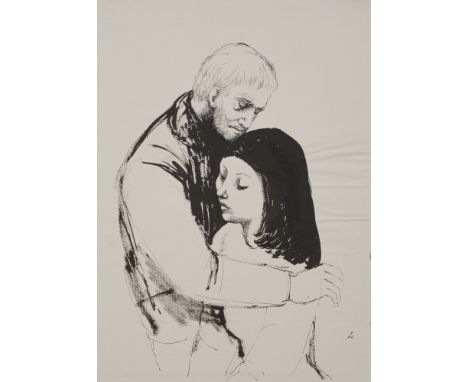 Nagel, HannaHeidelberg, 1907 - 197531 x 21,5 cm, o. R."Liebespaar", 1961. Tusche auf Bütten, auf Karton aufgelegt. In Tusche 