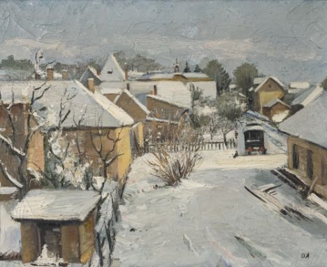 Adam, OttoKonstanz, 1901 - 197349 x 61 cm, R.Dorflandschaft im Winter. Öl auf Leinwand. In Öl unten rechts monogrammiert.Priv
