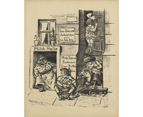 Zille, HeinrichRadeburg, 1858 - Berlin, 192925 x 22 cm, R."Vor dem Milchladen", 1924. Lithografie auf Bütten aus der Folge "K