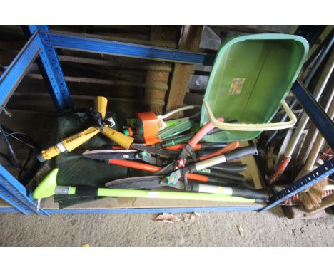 A quantity of gardening tools to include shears, wire metal brush, a Hozelock garden sprinkler, one other and a plastic Trug 