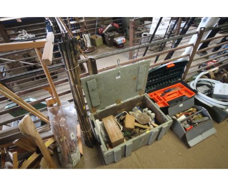 A set of drain rods and a wooden toolbox with contents of various tools etc.