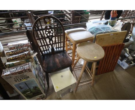 A stick and wheel back chair, white painted stool and two further high stools