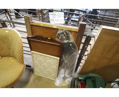 A wooden folding notice board, two other boards and a folding shooting stick as new