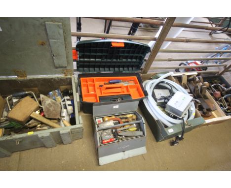 A plastic toolbox and contents of various tools together with a metal toolbox with interior tray and contents of tools