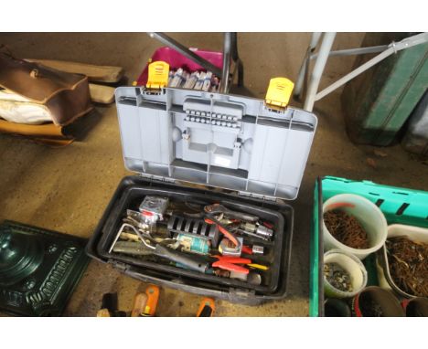 A plastic tool box and quantity of various tools etc.