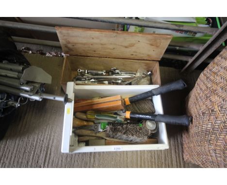 Two boxes containing various tools including spanners, sockets, garden shears, secateurs etc.