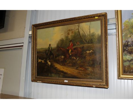 A gilt framed oil on canvas study of a hunting scene