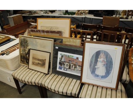 A pencil signed engraving, wool work panel and various pictures and prints