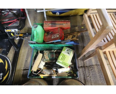Two plastic crates containing various hand tools, fuel can, paint rollers, metal tool box, hand saws etc.