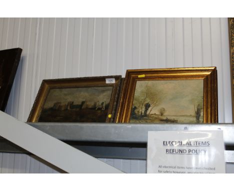 A gilt framed oil on canvas study of a castle and a gilt framed print study of figures in a boat